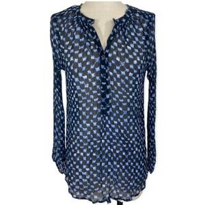 Lucky Brand black blue blouse crinkle chiffon long sleeve high neck button top